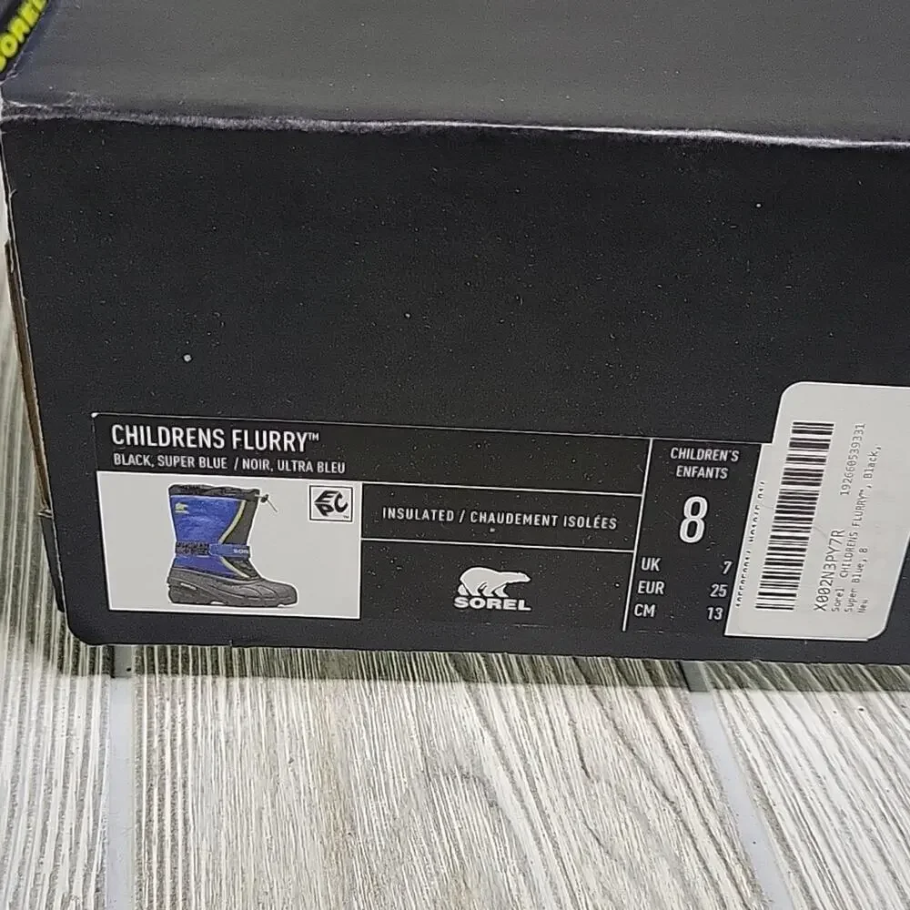 Sorel Kids Flurry Snow Boots Black & Super Blue Toddler Size 8 NEW